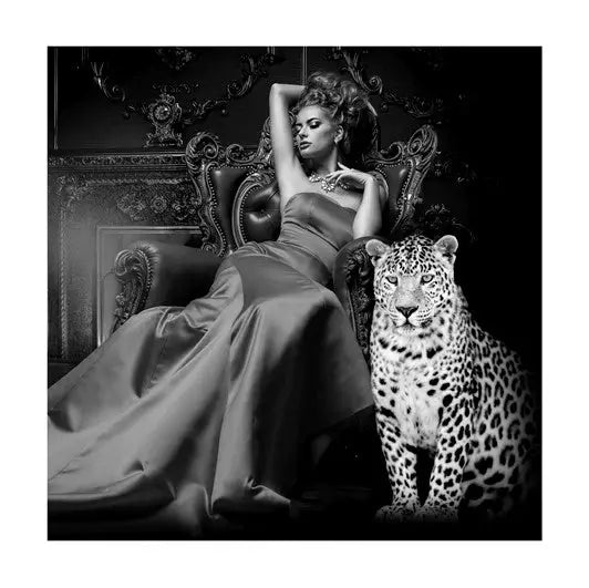 Glass picture lady in chair with tiger Homefactory